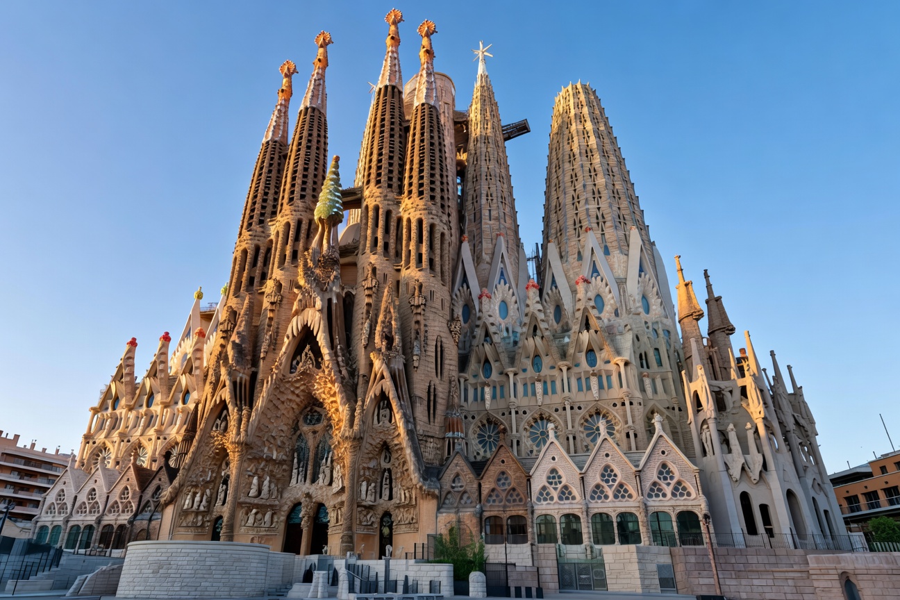 Torres de la Sagrada Familia elevándose contra el cielo de Barcelona