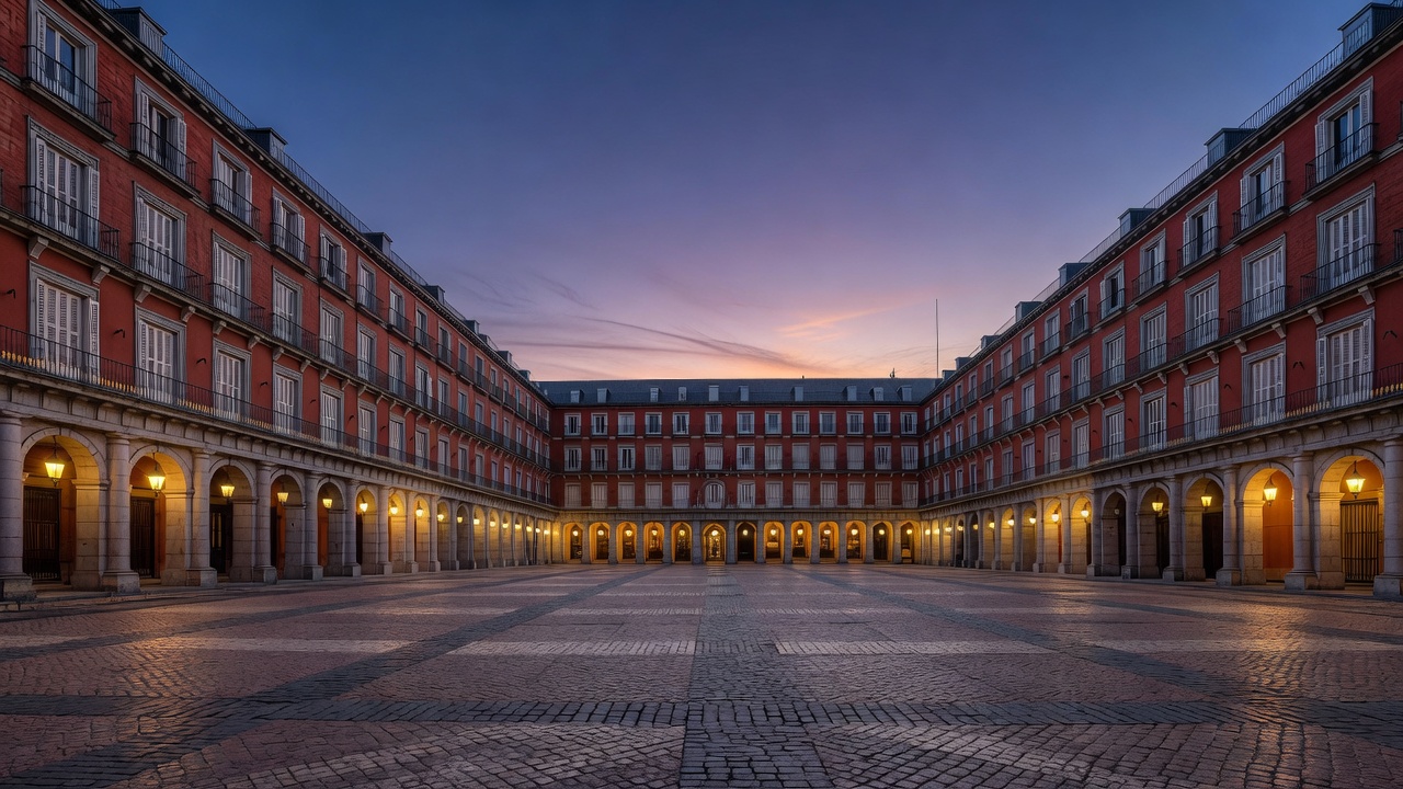 Plaza Mayor de Madrid al atardecer, con la luz rasante sobre la piedra